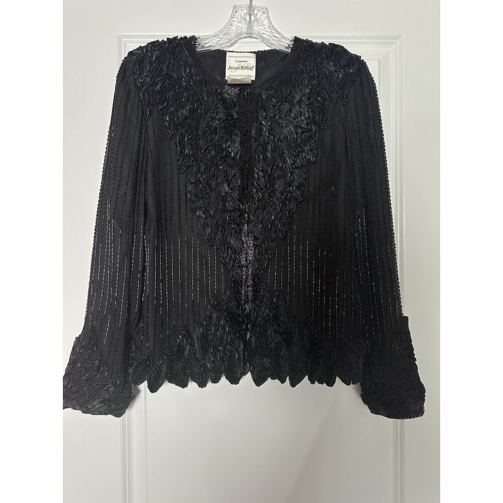 VTG 80s Joseph Ribkoff Black 3D Embellished Beaded Cocktail Formal Jacket S/M
